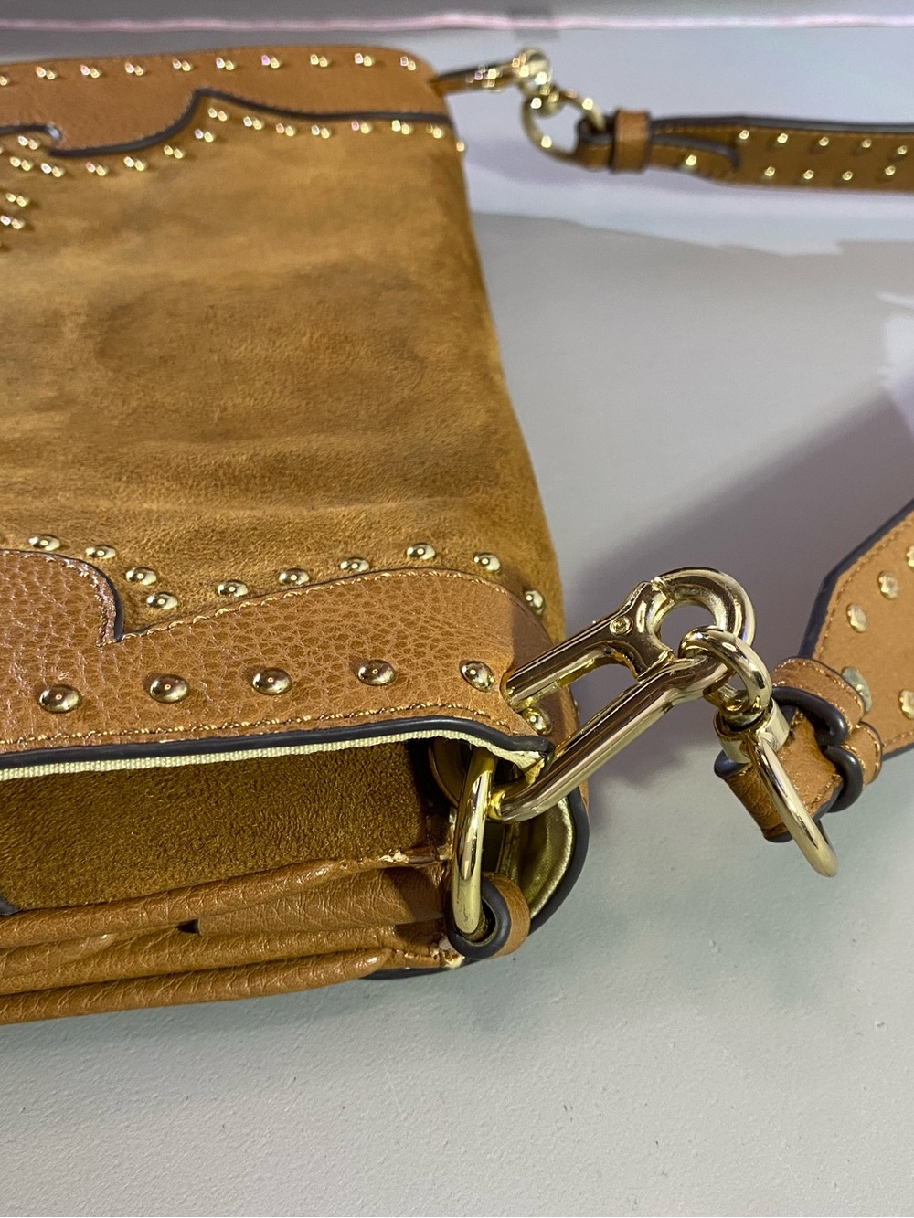 Aldo Tan Suede & Leather Shoulder Bag with Gold Ring Accent - Picture 15 of 16